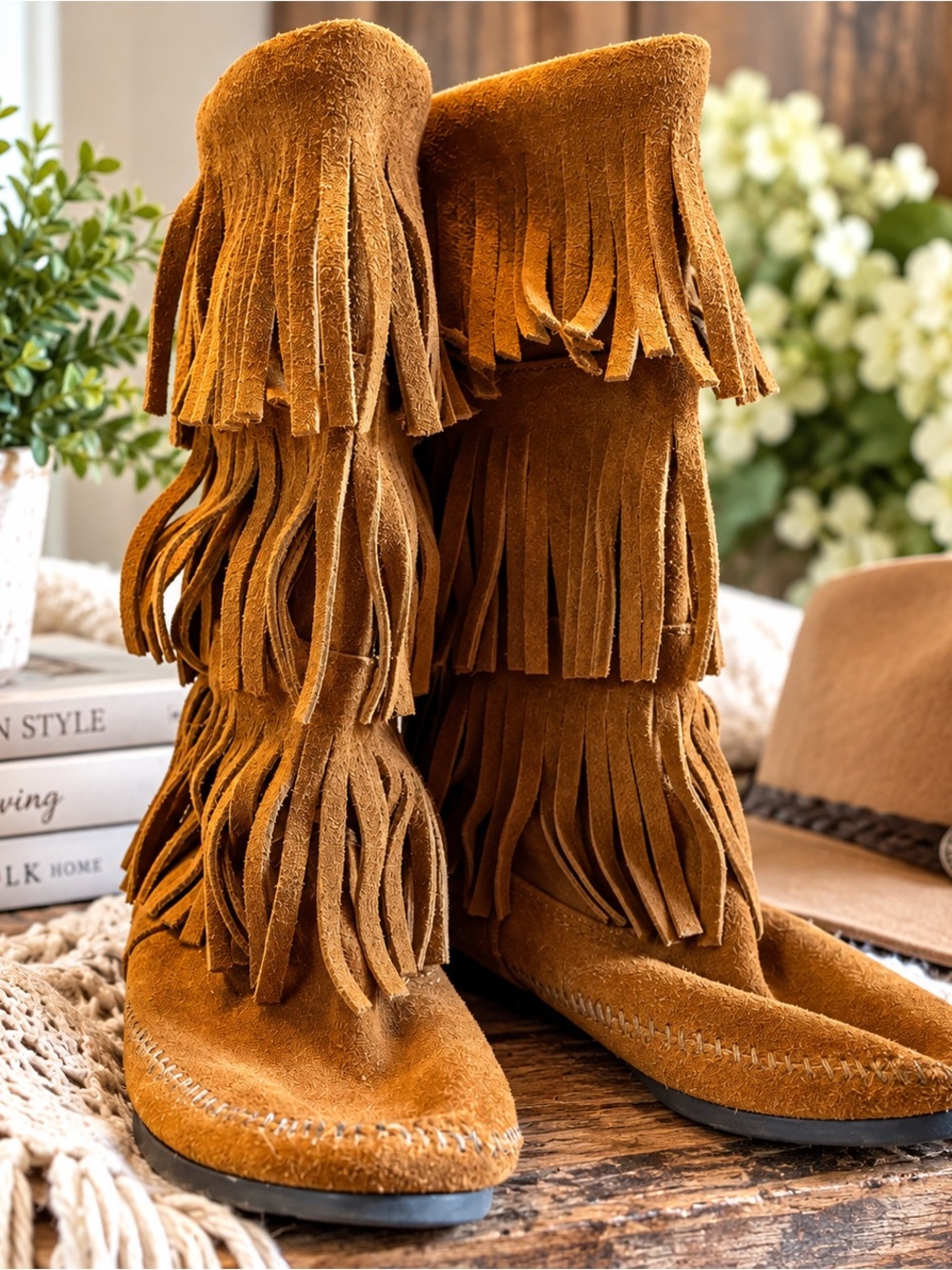 Minnetonka 1632 Brown Suede 3 Layer Fringe Moccasin Boots Boho Western - Picture 6 of 12